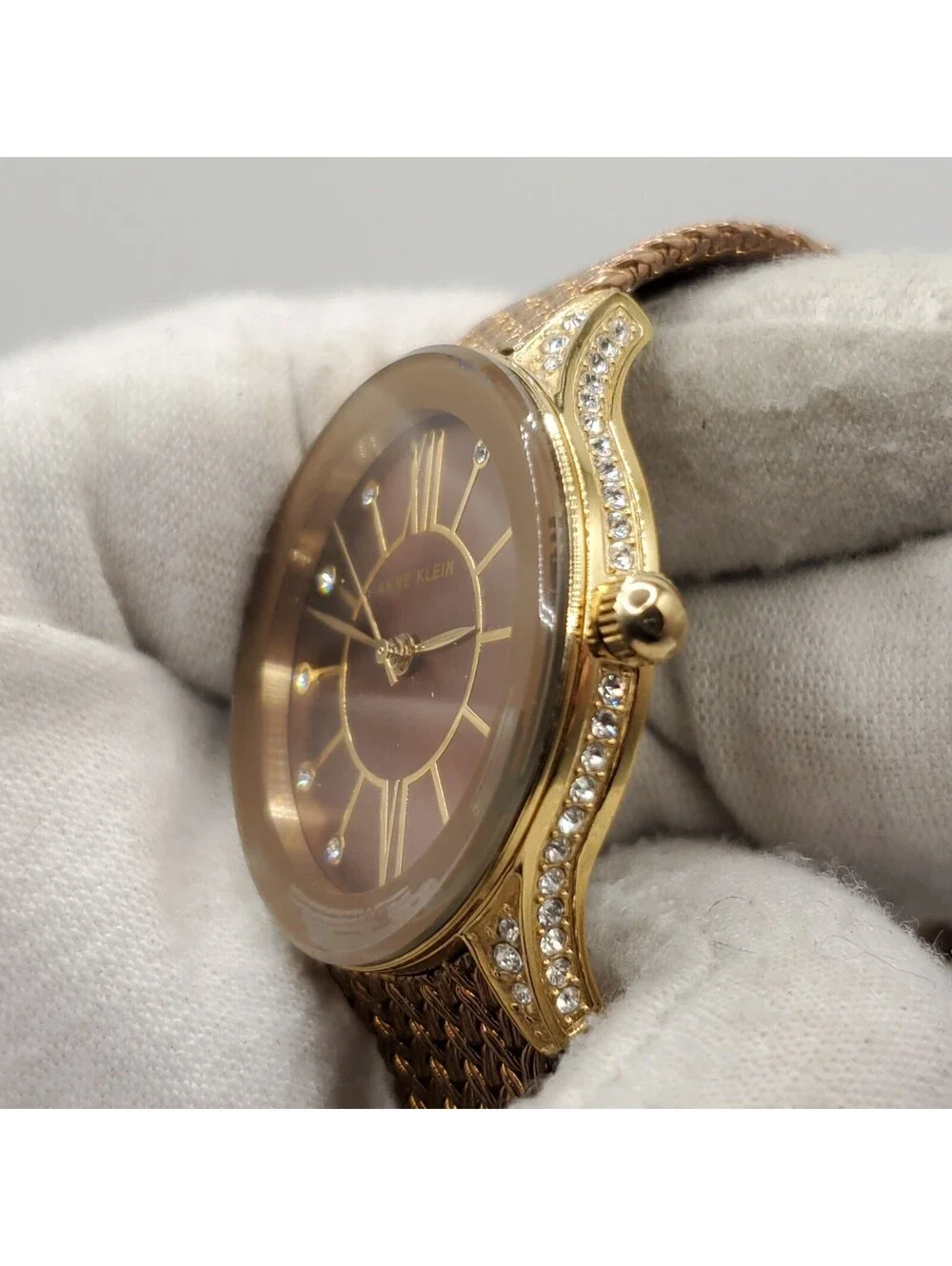 Ann Klein Gold Tone Rhinestone Case Watch Women 30mm New Battery